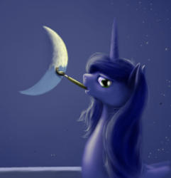 Size: 900x935 | Tagged: safe, artist:grayma1k, character:princess luna, species:alicorn, species:pony, crescent moon, female, moon, mouth hold, paintbrush, painting, s1 luna, solo