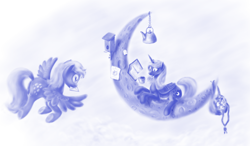 Size: 1500x876 | Tagged: safe, artist:grayma1k, character:derpy hooves, character:princess luna, species:alicorn, species:pegasus, species:pony, bird house, crescent moon, female, flying, kettle, letter, mare, monochrome, moon, mouth hold, mug, s1 luna, tangible heavenly object, transparent moon