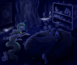 Size: 1398x1180 | Tagged: safe, artist:grayma1k, character:princess celestia, character:princess luna, species:alicorn, species:pony, bed, blanket, book, bookcase, duo, globe, paper, s1 luna, sisters, sleeping