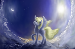 Size: 1526x1000 | Tagged: safe, artist:grayma1k, character:derpy hooves, species:pegasus, species:pony, female, mare, moon, night, solo, stars