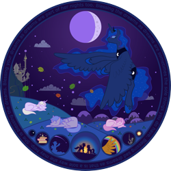 Size: 1511x1511 | Tagged: safe, artist:grayma1k, character:princess luna, oc, species:alicorn, species:earth pony, species:pegasus, species:pony, species:unicorn, book, candle, canterlot, circle, cloud, cloudy, eyes closed, flying, leaves, moon, mountain, night, rainbow, shooting star, sleeping, stars, sun, text
