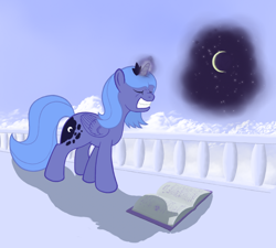 Size: 800x721 | Tagged: safe, artist:grayma1k, character:princess luna, species:alicorn, species:pony, balcony, book, effort, eyes closed, female, gritted teeth, magic, s1 luna, solo