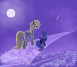 Size: 1500x1315 | Tagged: safe, artist:grayma1k, character:derpy hooves, character:princess luna, species:alicorn, species:pegasus, species:pony, duo, female, filly, moon, shooting star, woona