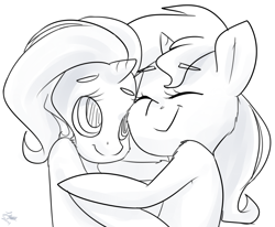 Size: 1044x859 | Tagged: safe, artist:lizzyoli-ravioli, character:sunset shimmer, character:trixie, species:pony, species:unicorn, ship:suntrix, g4, cheek fluff, cute, eyebrows, eyebrows visible through hair, eyes closed, female, hug, lesbian, mare, monochrome, shipping, shoulder fluff, simple background, smiling, text, white background