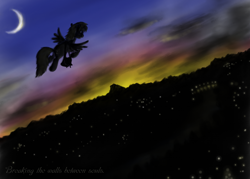 Size: 1000x714 | Tagged: safe, artist:grayma1k, character:derpy hooves, species:pegasus, species:pony, city lights, crescent moon, female, flying, mailbag, mare, moon, silhouette, solo, twilight (astronomy)