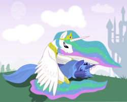 Size: 1024x821 | Tagged: safe, artist:grayma1k, character:princess celestia, character:princess luna, species:pony, canterlot, comforting, consoling, crying, cute, s1 luna, sad, woona
