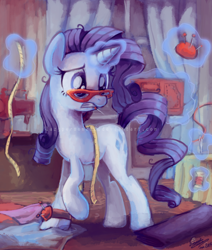 Size: 594x700 | Tagged: safe, artist:sophiesplushies, character:rarity, species:pony, species:unicorn, fabric, female, glasses, magic, mare, measuring tape, messy mane, mouth hold, needle, pincushion, pins, rarity's glasses, sewing, sewing machine, solo, telekinesis, thread, working