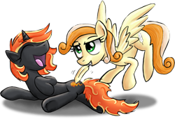 Size: 640x437 | Tagged: safe, artist:paper-pony, oc, oc only, oc:incendia, oc:tiptoe, species:pegasus, species:pony, species:unicorn, fanfic:antipodes, eyes closed, feather, flying, laughing, mouth hold, on side, open mouth, smiling, spread wings, tickling, underhoof, wings