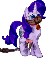 Size: 862x1042 | Tagged: safe, artist:mcsadat, artist:weatherly, character:rarity, species:cow, species:pony, species:unicorn, blushing, cow pony, cowbell, dairity, drool, feed bag, female, milking, milking machine, raricow, solo, udder
