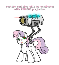 Size: 1280x1400 | Tagged: safe, artist:scherzo, character:sweetie belle, species:pony, species:unicorn, sweetie bot, android, blank flank, energy weapon, female, filly, foal, gynoid, hooves, horn, laser, red eyes, robot, robot pony, simple background, solo, text, weapon, white background