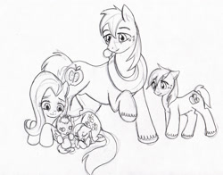 Size: 2502x1960 | Tagged: safe, artist:tristanjsolarez, character:big mcintosh, character:fluttershy, oc, parent:big macintosh, parent:fluttershy, parents:fluttermac, species:earth pony, species:pony, ship:fluttermac, male, monochrome, offspring, pencil drawing, shipping, stallion, straight, traditional art