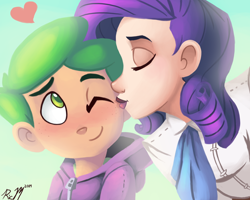 Size: 1500x1200 | Tagged: safe, artist:ric-m, character:rarity, character:spike, species:human, ship:sparity, blushing, clothing, female, freckles, hoodie, human spike, humanized, kissing, light skin, male, shipping, smooch, straight