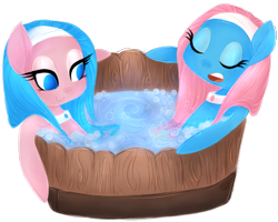 Size: 1024x820 | Tagged: safe, artist:grandifloru, character:aloe, character:lotus blossom, bath, duo, spa twins, wet, wet mane