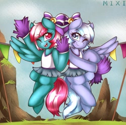 Size: 1280x1272 | Tagged: safe, artist:mixipony, character:lilac sky, character:spring step, character:sunlight spring, episode:rainbow falls, g4, my little pony: friendship is magic, cheerleader, clothing, skirt, wink