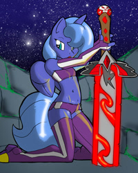 Size: 606x756 | Tagged: safe, artist:theburningdonut, character:princess luna, species:anthro, alicorn amulet, belly button, clothing, female, gloves, hair over one eye, long gloves, midriff, night, night sky, s1 luna, sky, solo, stars, sword