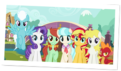 Size: 2301x1344 | Tagged: safe, artist:bubblestormx, character:candy apples, character:coco pommel, character:fleetfoot, character:glory, character:spike, character:sunset shimmer, character:surprise, species:pony, alternate mane six, alternate universe, apple family member, cermella, palette swap