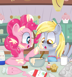Size: 2397x2558 | Tagged: safe, artist:lucy-tan, character:derpy hooves, character:pinkie pie, species:pegasus, species:pony, ship:derpypie, baking, batter, bowl, chocolate chips, cooking, cup, cupcake, female, food, friendshipping, frosting, kitchen, mare, messy, milk, muffin, mug, spoon, sugar (food)