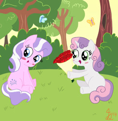 Size: 882x905 | Tagged: safe, artist:icesticker, character:diamond tiara, character:sweetie belle, ship:diamondbelle, blushing, bouquet, female, lesbian, shipping, sitting