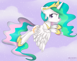 Size: 2300x1842 | Tagged: safe, artist:meotashie, character:princess celestia, species:alicorn, species:pony, cloudsdale, female, flying, mare, profile, sky, solo