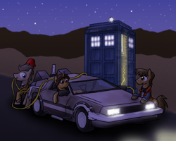 Size: 900x719 | Tagged: safe, artist:paper-pony, character:doctor whooves, character:time turner, oc, back to the future, clothing, crossover, delorean, doctor who, fez, hat, marty mcfly, ponified, tardis, tenth doctor