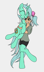 Size: 927x1500 | Tagged: safe, artist:hazama, artist:stoic5, character:lyra heartstrings, oc, oc:hope, parent:lyra heartstrings, satyr, species:pony, species:unicorn, clothing, colored, hairclip, happy, hug, offspring, shirt, simple background, smiling, twintails, white background