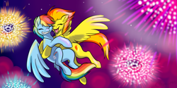 Size: 2000x1000 | Tagged: safe, artist:calicopikachu, character:rainbow dash, character:spitfire, species:pegasus, species:pony, ship:spitdash, g4, eyes closed, female, fireworks, flying, hug, lesbian, mare, shipping, stars