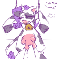 Size: 500x500 | Tagged: safe, artist:stoney pony, character:rarity, species:cow, species:pony, species:unicorn, cow pony, cowbell, dialogue, female, lactation, leaking, milk, nose ring, raricow, solo, species swap, speech bubble, udder
