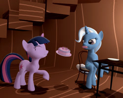 Size: 1280x1024 | Tagged: safe, artist:gergta, edit, character:trixie, character:twilight sparkle, ship:twixie, 3d, angry, burger, cake, chubby, confused, feeding, female, force feeding, gmod, lesbian, levitation, magic, practice, shipping