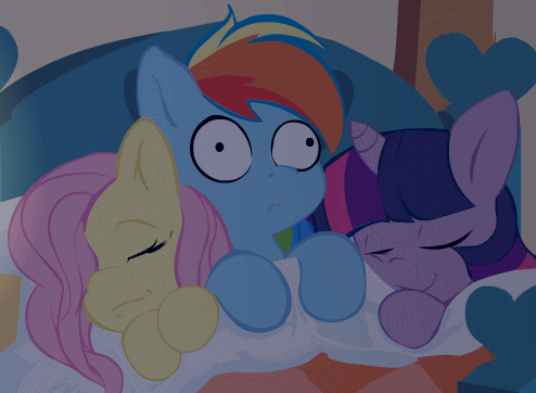Size: 494x362 | Tagged: safe, artist:mittsies, artist:rip, character:fluttershy, character:rainbow dash, character:twilight sparkle, species:pony, species:unicorn, ship:flutterdash, ship:twidash, ship:twishy, aftersex, animated, bed, cuddling, dark, derp, explicit source, female, flutterdashlight, fluttershy's cottage, futa fluttershy, futanari, i've seen some shit, implied sex, intersex, mare, shipping, sleeping, snuggling, three curious ponies, traumatized, wide eyes