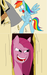 Size: 607x968 | Tagged: safe, artist:hyolark, character:pinkamena diane pie, character:pinkie pie, character:rainbow dash, species:pegasus, species:pony, fanfic:cupcakes, axe, bipedal, crossover, female, here's johnny, mare, movie reference, ms paint, parody, the shining