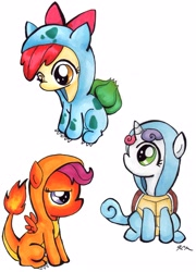 Size: 2043x2834 | Tagged: safe, artist:catscratchpaper, character:apple bloom, character:scootaloo, character:sweetie belle, species:pegasus, species:pony, bulbasaur, charmander, clothing, costume, crossover, cutie mark crusaders, pokémon, squirtle