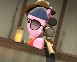 Size: 1280x1024 | Tagged: safe, artist:gergta, character:twilight sparkle, species:pony, species:unicorn, 3d, clipping, clothing, crossover, female, glass, glasses, gmod, gun, hat, hooves, horn, jar, jarate, mare, one eye closed, optical sight, pee in container, rifle, scope, sniper, sniper rifle, solo, source filmmaker, sunglasses, team fortress 2, twilight sniper, urine, weapon