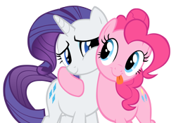 Size: 2000x1398 | Tagged: safe, artist:takua770, character:pinkie pie, character:rarity, species:earth pony, species:pony, species:unicorn, g4, blep, duo, female, hug, looking at each other, mare, photoshop, simple background, smiling, tongue out, transparent background, vector