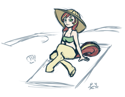 Size: 797x618 | Tagged: safe, artist:daily, oc, oc only, oc:eventide, parent:sunset shimmer, satyr, beach, bikini, clothing, hat, looking at you, offspring, sitting, smiling, solo, swimsuit
