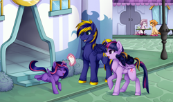 Size: 1388x822 | Tagged: safe, artist:mr-tiaa, character:twilight sparkle, character:twilight sparkle (alicorn), oc, oc:night sky, oc:violet star, oc:zephyr, parent:twilight sparkle, parents:canon x oc, species:alicorn, species:pegasus, species:pony, alicorn oc, bucking, canon x oc, canterlot, crossover, easter egg, eyes closed, filly, happy, inazuma eleven, inazuma eleven go, inazuma eleven go galaxy, male, mama twilight, manabe jinichirou, minaho kazuto, offspring, parent, parent:oc:zephyr, parents:twiphyr, ponified, raised hoof, running, smiling, spread wings, stallion, standing, straight, twiphyr, wings