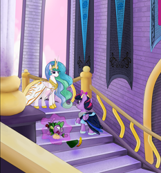 Size: 3999x4297 | Tagged: safe, artist:l1nkoln, character:princess celestia, character:spike, character:twilight sparkle, character:twilight sparkle (alicorn), species:alicorn, species:pony, clothing, dress, female, levitation, magic, mare