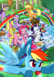 Size: 1000x1414 | Tagged: safe, artist:caibaoreturn, character:angel bunny, character:applejack, character:fluttershy, character:pinkie pie, character:rainbow dash, character:rarity, character:spike, character:twilight sparkle, character:twilight sparkle (alicorn), species:alicorn, species:pony, apple, choking, mane seven, mane six, mischief, picnic, pixiv, trail