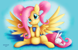 Size: 3200x2083 | Tagged: safe, artist:shaadorian, character:angel bunny, character:fluttershy, alternate hairstyle, cup, cute, eyes closed, hoof hold, looking at you, pigtails, shyabetes, sitting, sleeping, smiling, spread wings, wings