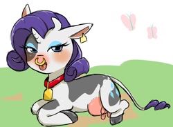 Size: 1280x944 | Tagged: safe, artist:kiriya, character:rarity, species:cow, cowbell, ear tag, female, nose ring, raricow, solo, species swap, udder