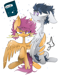 Size: 2755x3444 | Tagged: safe, artist:scootaloocuteness, character:rumble, character:scootaloo, species:pegasus, species:pony, ship:rumbloo, g4, cookie, eye clipping through hair, eyebrows, eyebrows visible through hair, female, full face view, hug, male, mare, no pupils, older, raised hoof, shipping, sitting, stallion, straight, three quarter view, winghug