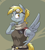 Size: 800x890 | Tagged: safe, artist:yeendip, character:derpy hooves, species:anthro, species:pegasus, g4, abstract background, clothing, female, goggles, hand on hip, looking at you, mare, solo, spread wings, three quarter view, underp, uniform, wings
