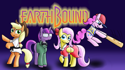 Size: 2200x1236 | Tagged: safe, artist:paper-pony, character:applejack, character:fluttershy, character:pinkie pie, character:twilight sparkle, clothing, crossover, earthbound, glasses, jeff, jeff andonuts, mother, ness, nintendo, paula, paula polestar, poo (character)