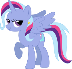 Size: 1094x1047 | Tagged: safe, artist:kaylathehedgehog, character:trixie, character:twilight sparkle, character:twilight sparkle (alicorn), species:alicorn, species:pony, ship:twixie, counterparts, dragon ball z, ear piercing, earring, female, fusion, jewelry, lidded eyes, looking at you, mare, piercing, potara, raised hoof, simple background, smiling, smirk, solo, spread wings, transparent background, vector, wings