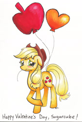 Size: 2013x3003 | Tagged: safe, artist:catscratchpaper, character:applejack, balloon, crossed hooves, female, mouth hold, simple background, solo, traditional art, valentine