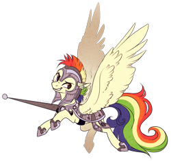 Size: 2667x2514 | Tagged: safe, artist:sutexii, oc, oc only, oc:ivory bolt, species:pegasus, species:pony, armor, earring, female, flying, jousting, mare, rainbow hair, solo, spread wings, wings