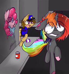 Size: 3224x3444 | Tagged: safe, artist:scootaloocuteness, character:pinkie pie, oc, species:earth pony, species:pony, species:unicorn, blue eyes, digital art, graffiti, gray coat, open mouth, police, police officer, rainbow hair, rainbow trail, running, teeth, teeth grinding, tongue out