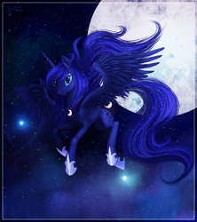 Size: 4000x4500 | Tagged: safe, artist:dalagar, character:princess luna, species:alicorn, species:pony, female, flying, full moon, looking at you, mare, moon, night, solo, stars