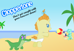 Size: 10877x7515 | Tagged: safe, artist:drewdini, character:bon bon, character:gummy, character:lyra heartstrings, character:pumpkin cake, character:sweetie drops, absurd resolution, assisted exposure, baby, beach, bikini, clothing, copperpony, coppertone parody, diaper, swimsuit, wedgie