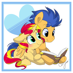 Size: 1400x1400 | Tagged: safe, artist:inkie-heart, character:flash sentry, character:sunset shimmer, species:pegasus, species:pony, species:unicorn, ship:flashimmer, blank flank, blushing, book, cuddling, cute, diasentres, female, floppy ears, heart, hug, male, prone, reading, shimmerbetes, shipping, smiling, snuggling, straight, winghug