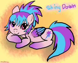 Size: 1605x1294 | Tagged: safe, artist:moekonya, oc, oc only, oc:shiny dawn, species:pegasus, species:pony, colored wings, gradient hooves, gradient wings, heterochromia, looking at you, prone, smiling, solo